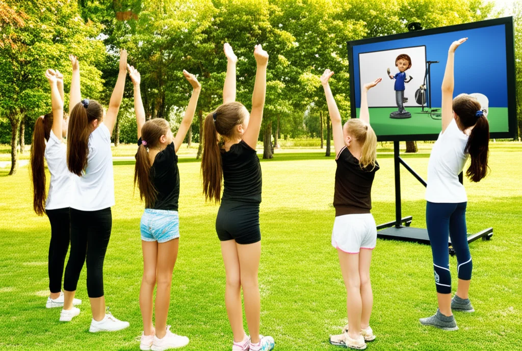 Gruppo di bambine di età compresa tra i 7 e i 10 anni, di diverse corporature ma tutte sorridenti e piene di energia, che fanno esercizi ginnici insieme in un parco soleggiato, guidate da un istruttore virtuale su un grande schermo. Fotografia sportiva, teleobiettivo zoom 100-400mm, scatto veloce per catturare il movimento, colori brillanti e atmosfera gioiosa.