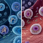 Immagine artistica e scientifica che illustra il concetto dell'articolo: a sinistra, una rappresentazione stilizzata del microbiota intestinale con batteri Clostridium in evidenza che rilasciano molecole di PAA (acido fenilacetico). Queste molecole viaggiano idealmente verso destra, dove si vedono cellule endoteliali di un vaso sanguigno, alcune delle quali mostrano segni di senescenza (ingrandite, con nucleo alterato). In contrasto, altre molecole benefiche (acetato) provenienti da un microbiota equilibrato sembrano proteggere le cellule endoteliali. Illuminazione drammatica con focus selettivo, obiettivo prime 35mm, con un leggero effetto duotone (toni freddi per la parte "malata", toni caldi per la parte "sana") per enfatizzare il messaggio.