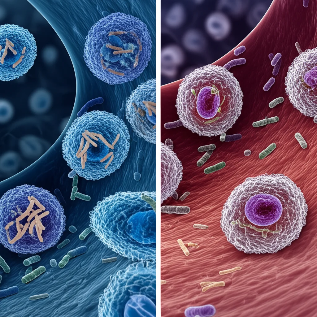 Immagine artistica e scientifica che illustra il concetto dell'articolo: a sinistra, una rappresentazione stilizzata del microbiota intestinale con batteri Clostridium in evidenza che rilasciano molecole di PAA (acido fenilacetico). Queste molecole viaggiano idealmente verso destra, dove si vedono cellule endoteliali di un vaso sanguigno, alcune delle quali mostrano segni di senescenza (ingrandite, con nucleo alterato). In contrasto, altre molecole benefiche (acetato) provenienti da un microbiota equilibrato sembrano proteggere le cellule endoteliali. Illuminazione drammatica con focus selettivo, obiettivo prime 35mm, con un leggero effetto duotone (toni freddi per la parte "malata", toni caldi per la parte "sana") per enfatizzare il messaggio.