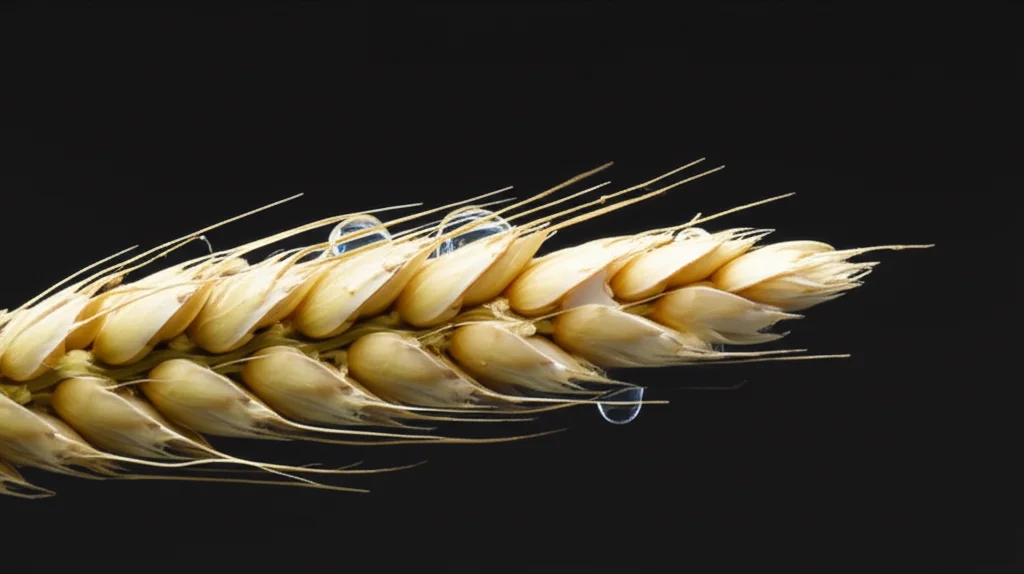 Immagine fotorealistica di un embrione di orzo in fase di germinazione, con dettagli molecolari astratti che simboleggiano l'espressione genica regolata dall'ABA. Illuminazione drammatica laterale, obiettivo macro 90mm, elevato dettaglio sulle strutture embrionali e goccioline d'acqua, sfondo scuro per enfatizzare il soggetto.