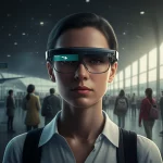 Immagine fotorealistica di una persona che indossa eleganti occhiali smart (simulati AR) in un moderno aeroporto durante un'evacuazione simulata. Intorno, persone virtuali immobili. Sul display degli occhiali, icone di allarme visivo e una freccia direzionale. Leggero fumo simulato nell'aria (elemento olfattivo implicito). Obiettivo 50mm, profondità di campo, illuminazione drammatica d'emergenza, alta definizione.