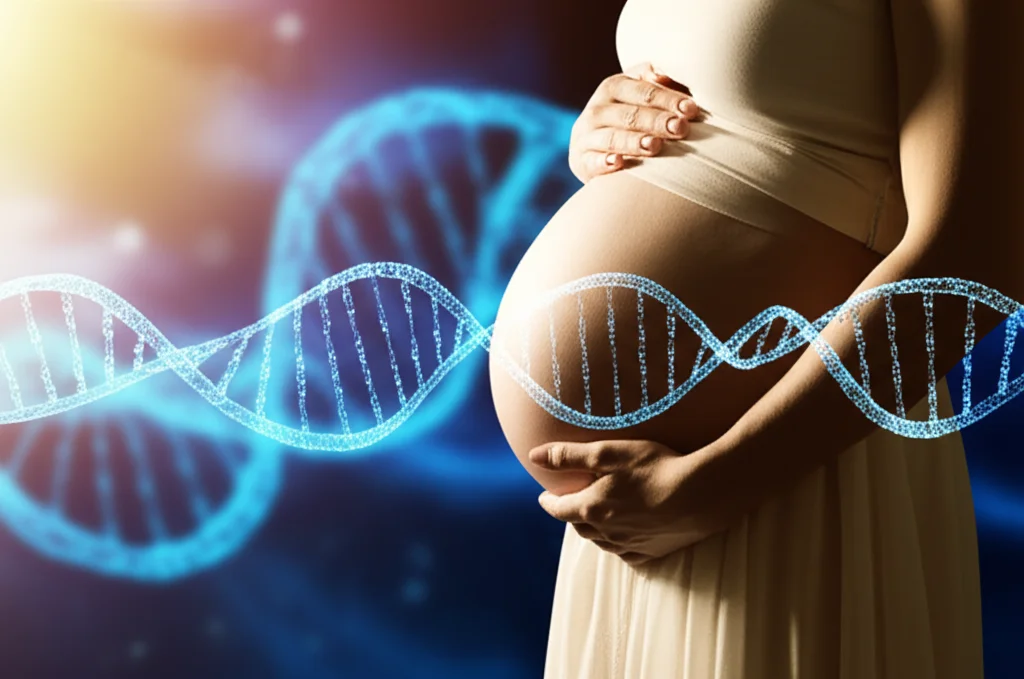 Lence Prime, 35 mm, profondità di campo, una donna incinta di speranza che si tocca delicatamente la pancia, con una rappresentazione artistica sottile di fili di DNA intrecciati con la luce sullo sfondo, simboleggia il legame genetico con la salute della gravidanza. Illuminazione calda e morbida.