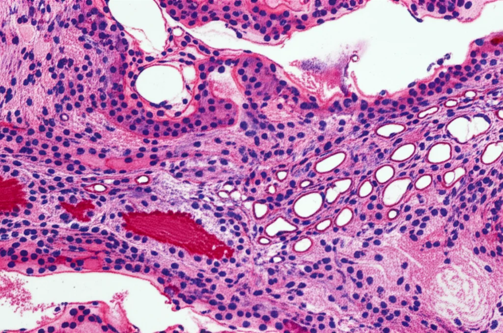 Macro lens, 100mm, high detail, precise focusing, controlled lighting: Microscopic view of kidney tubules showing damage and repair.