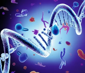 Photorealistic image of a double helix DNA strand intertwined with various protein shapes, representing the genetic regulation of the proteome. Depth of field, duotone blue and purple.