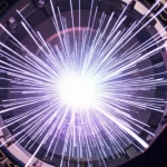 Photorealistic image of particle tracks emerging from a high-energy collision point inside a futuristic detector, macro lens, 60mm, high detail, precise focusing.