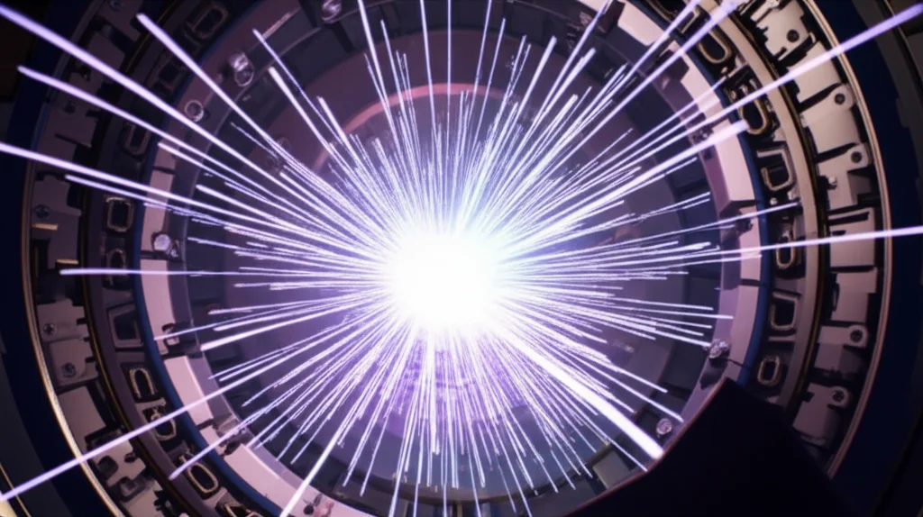 Photorealistic image of particle tracks emerging from a high-energy collision point inside a futuristic detector, macro lens, 60mm, high detail, precise focusing.