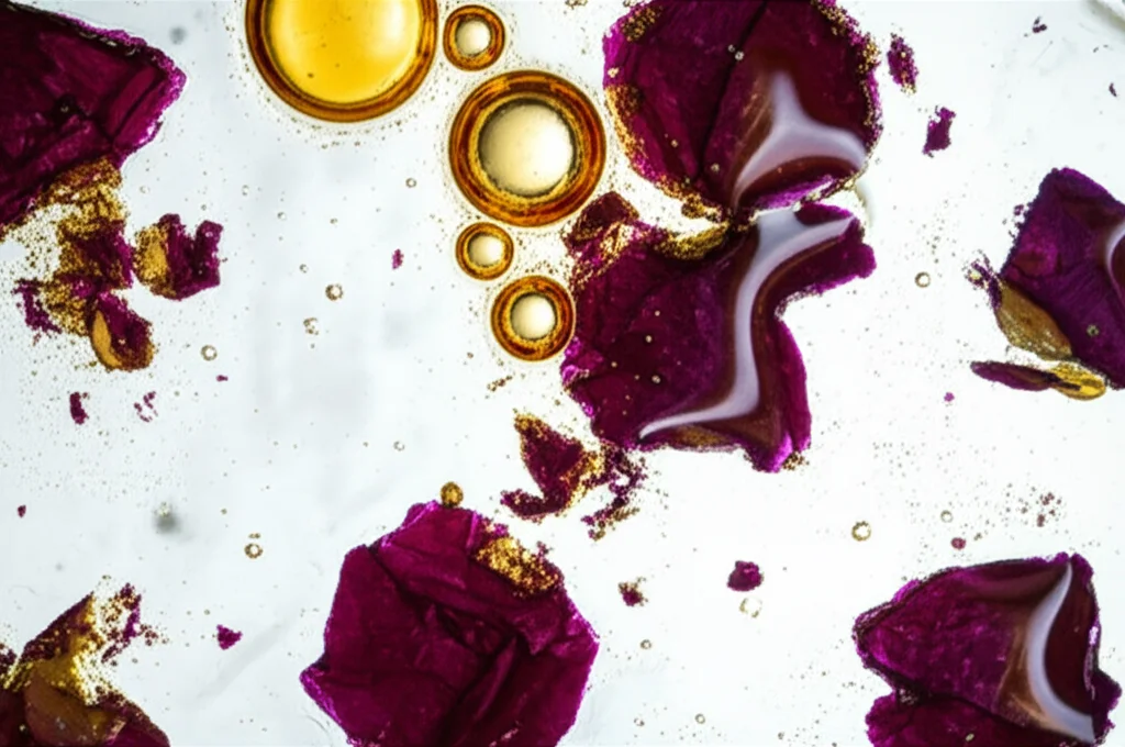 Primo piano macro di una pellicola edibile trasparente e flessibile, con inclusioni visibili di estratto di rosa canina di un rosso vibrante e goccioline dorate di olio di semi. Illuminazione da studio controllata per evidenziare la texture e la lucentezza. Obiettivo macro 90mm, alta definizione, messa a fuoco selettiva sulla trama della pellicola.