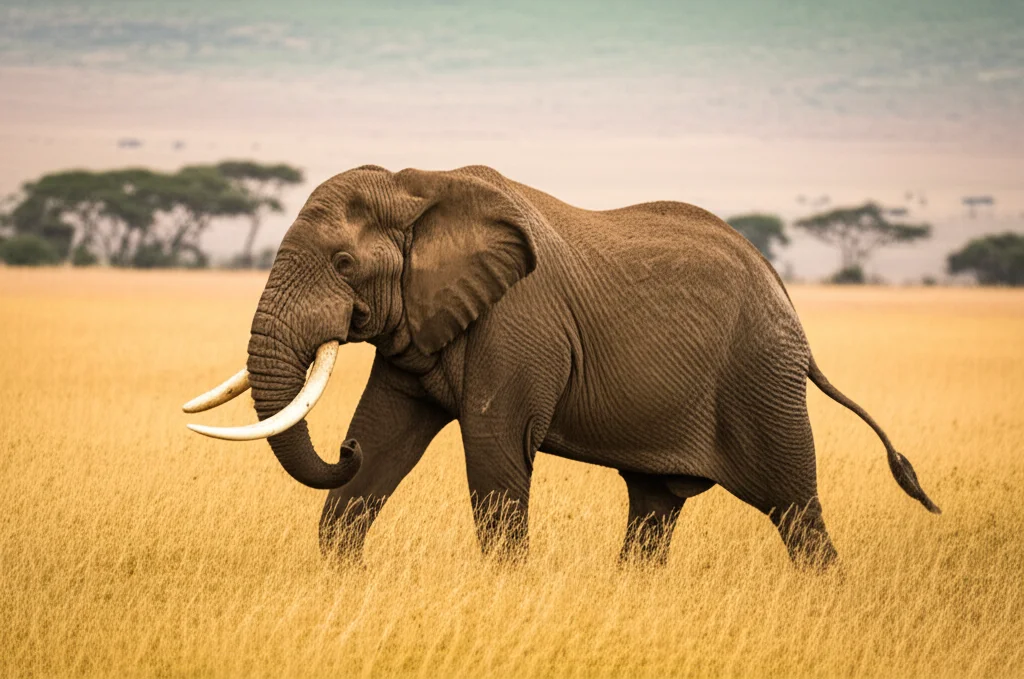 Un imponente elefante africano maschio adulto con grandi zanne che avanza maestosamente nella savana del Serengeti durante la stagione secca, con l'erba alta e dorata che lo circonda e acacie sullo sfondo. Telephoto zoom, 300mm, fast shutter speed, movement tracking, luce calda del tardo pomeriggio che accentua i dettagli della sua pelle rugosa.