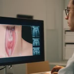 Un medico osserva un'ecografia transvaginale su un monitor, con sovrapposizioni grafiche generate dall'IA che segmentano l'anatomia cervicale. Prime lens, 35mm, profondità di campo, illuminazione da studio soffusa, espressione concentrata del medico.