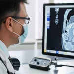 Un medico otorinolaringoiatra esamina attentamente una scansione TC dell'osso temporale su un monitor ad alta risoluzione in un ambiente clinico moderno e ben illuminato. Sullo sfondo, si intravede un audiometro e strumenti diagnostici. L'immagine è un portrait photography, lente prime 35mm, con profondità di campo per mettere a fuoco il monitor e il volto concentrato del medico, creando un'atmosfera professionale e high-tech.