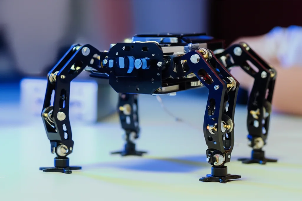 Un robot LISA (Lizard-Inspired Single-Actuated) in un laboratorio high-tech, illuminazione controllata per evidenziare i dettagli del meccanismo a quattro barre e delle zampe a forma di artiglio. Obiettivo macro 85mm, alta definizione, focus preciso sui giunti e sui link del robot, sfondo leggermente sfocato per enfatizzare il soggetto.