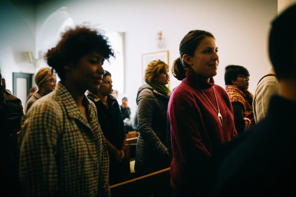 Un'aula elettorale in Germania, con persone di diversa origine in fila per votare, alcune sorridenti, altre concentrate. Luce soffusa tipica di un interno, prime lens 35mm, depth of field, atmosfera di impegno civico.