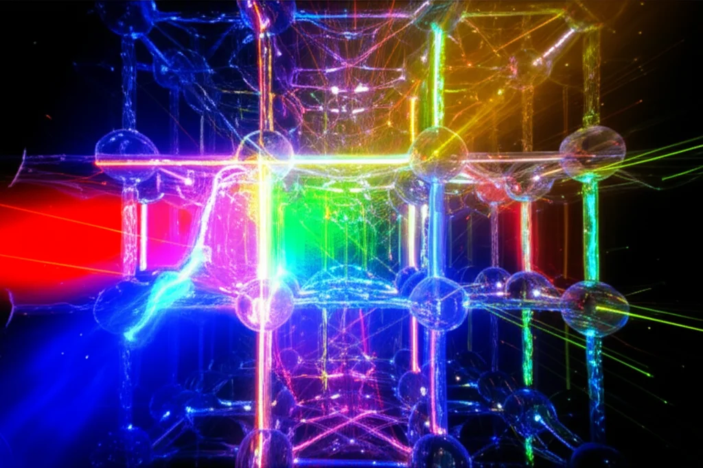Visualizzazione artistica di un reticolo cristallino con elettroni correlati che interagiscono con impulsi laser multidimensionali, evidenziando percorsi di eccitazione coerenti. Wide-angle, 15mm, long exposure, sharp focus, illuminazione drammatica con fasci laser colorati che attraversano il reticolo.