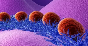 Illustrazione scientifica 3D che mostra batteri Lactobacillus plantarum (LP1) che interagiscono con la superficie delle cellule epiteliali intestinali, attivando la via di segnale STING all'interno della cellula per contrastare l'infezione da Rotavirus. Obiettivo macro 85mm, alta definizione, illuminazione drammatica focalizzata sull'interazione molecolare.