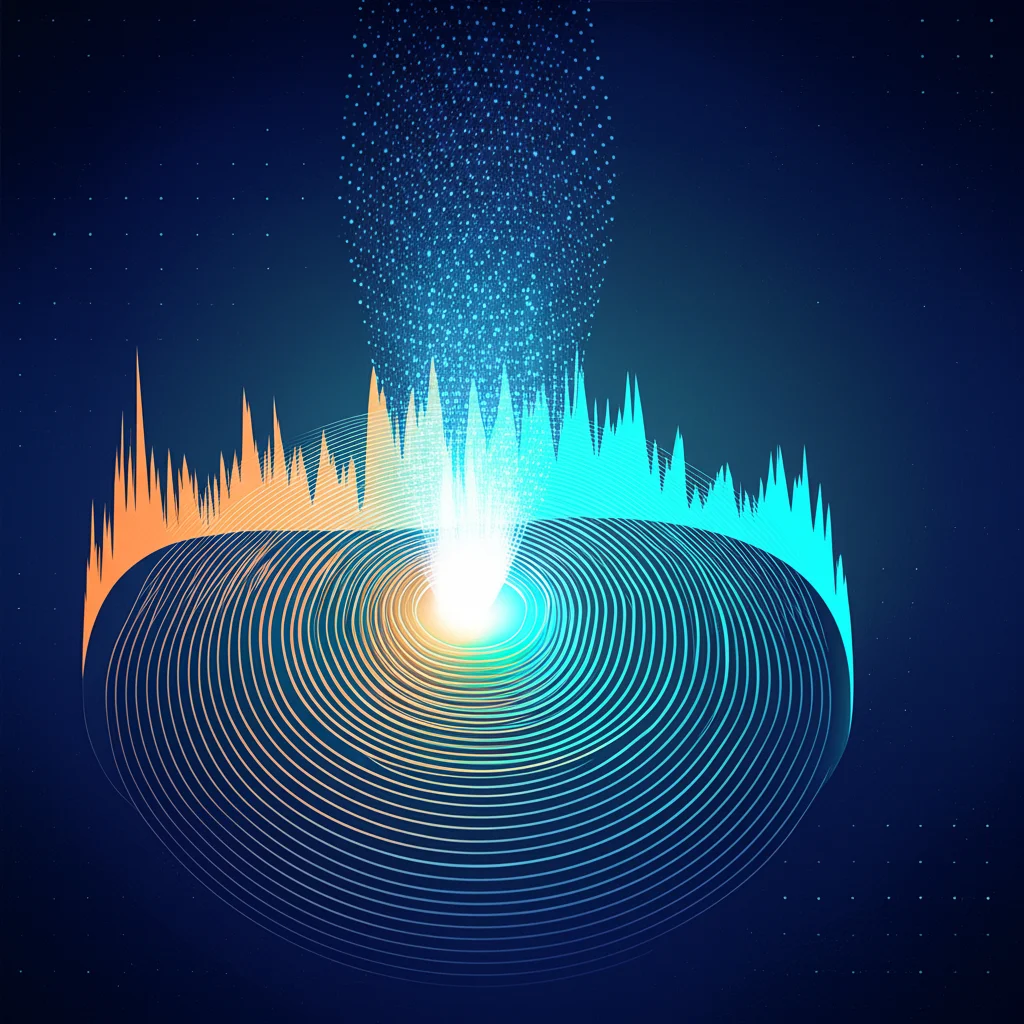 Immagine concettuale di onde sismiche digitali che emanano da un punto centrale, trasformandosi in uno spettrogramma colorato analizzato da un'intelligenza artificiale stilizzata. L'immagine combina elementi di geofisica e tecnologia avanzata. Obiettivo prime, 35mm, con profondità di campo per focalizzare l'attenzione sulla trasformazione dei dati, duotono blu e arancione per un contrasto vibrante.