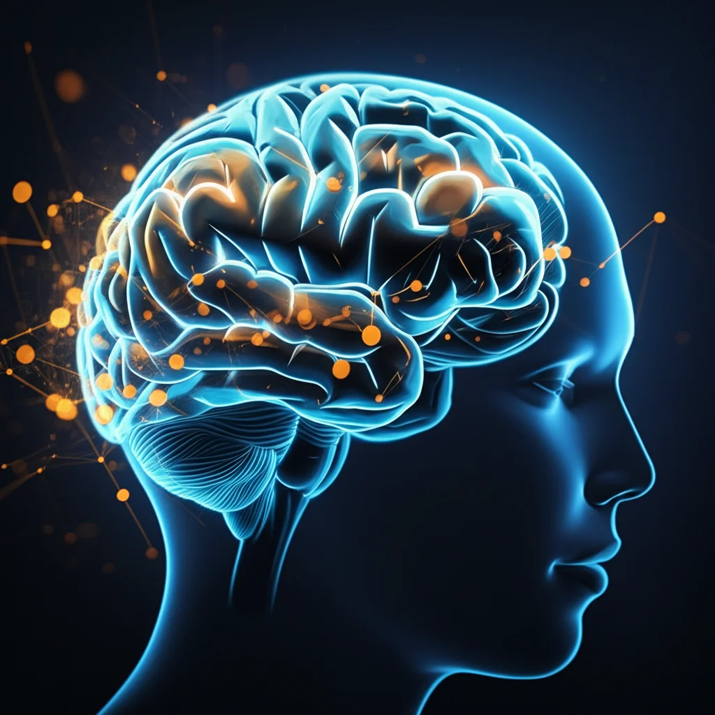 Immagine concettuale di una rete neurale luminosa di colore blu e oro che avvolge delicatamente la sagoma stilizzata di un cervello umano, simboleggiando la protezione e il monitoraggio offerti dalla tecnologia digitale per l'Alzheimer. Wide-angle, 20mm, long exposure, sharp focus, duotone blu e oro.