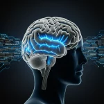 Immagine fotorealistica di un cervello umano stilizzato fatto di circuiti luminosi blu e grigi sovrapposto a un flusso di parole digitali incandescenti, obiettivo 35mm prime, duotone blu e grigio, depth of field, simboleggiando l'intersezione tra linguistica umana e computazione.