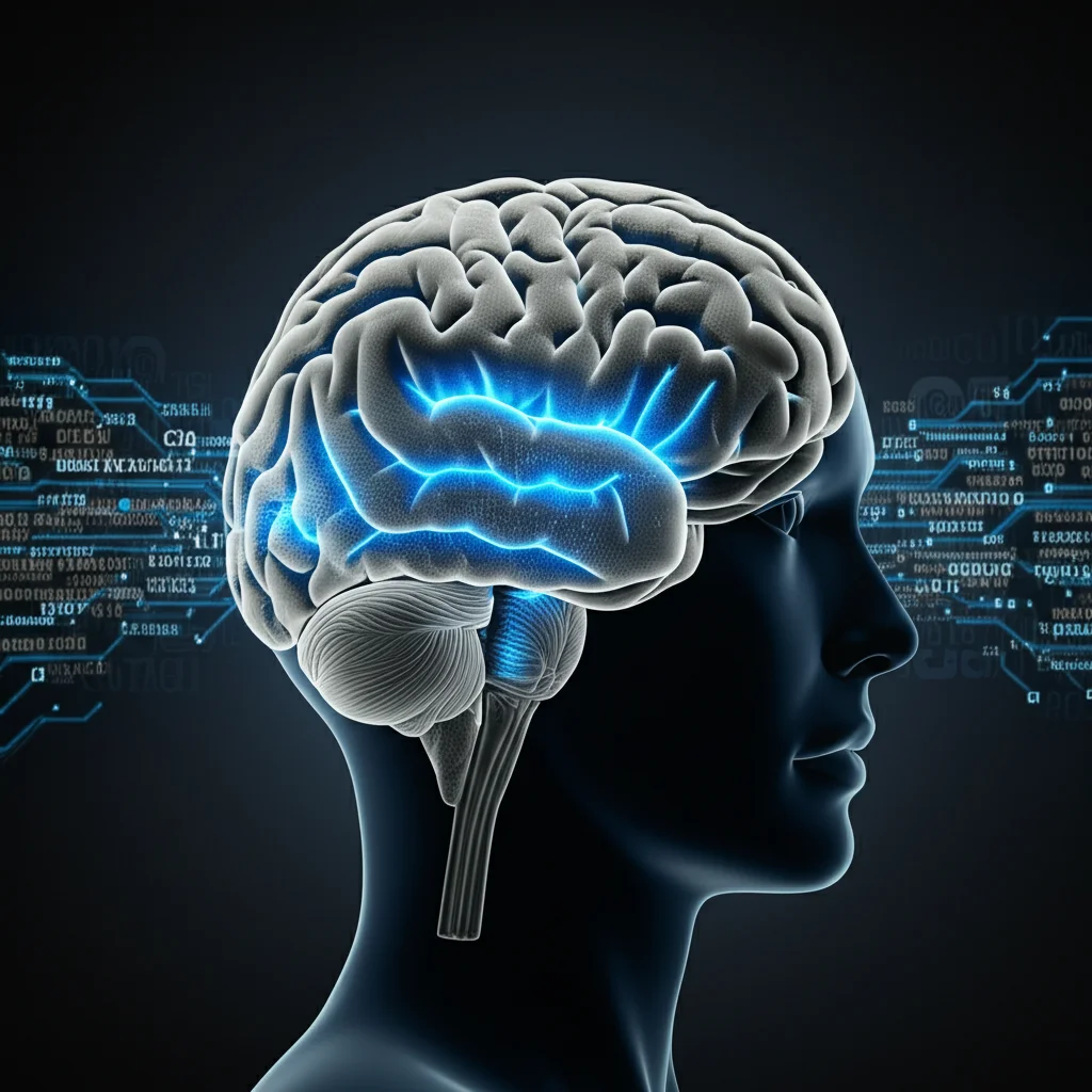 Immagine fotorealistica di un cervello umano stilizzato fatto di circuiti luminosi blu e grigi sovrapposto a un flusso di parole digitali incandescenti, obiettivo 35mm prime, duotone blu e grigio, depth of field, simboleggiando l'intersezione tra linguistica umana e computazione.