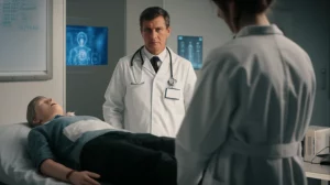 Immagine fotorealistica: un medico esperto con camice bianco e un'interfaccia AI stilizzata e luminosa osservano fianco a fianco, con espressioni concentrate, uno studente di medicina (visibile di spalle) durante un esame OSCE su un manichino paziente in un letto d'ospedale simulato. Obiettivo prime 50mm, profondità di campo che sfoca leggermente lo sfondo della sala esami, illuminazione da studio bilanciata e professionale.