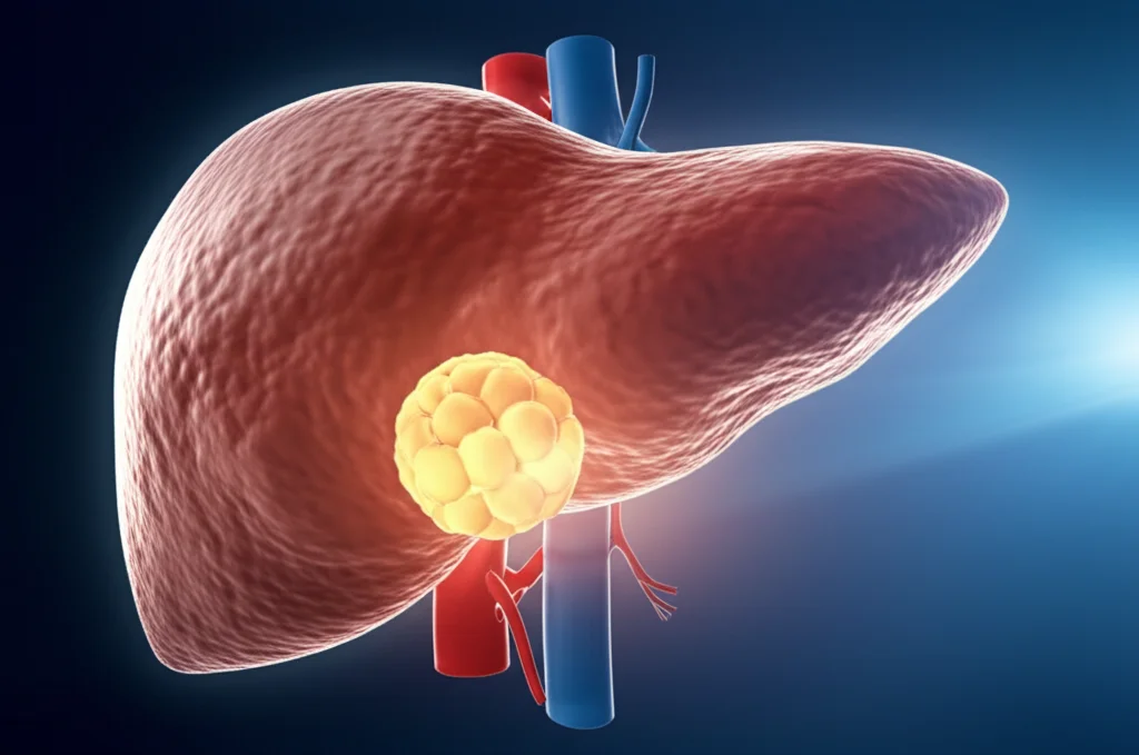 Immagine medica concettuale che illustra un fegato umano con un tumore (epatocarcinoma) e vasi sanguigni, con un focus sulla vena porta affetta da trombosi. Luci soffuse e colori clinici, con un raggio di luce che simboleggia la speranza del nuovo trattamento. Macro lens, 80mm, high detail, controlled lighting, precise focusing.