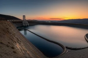 Imponente vista di un impianto PHS (accumulo idroelettrico a pompaggio) integrato in una ex miniera a cielo aperto, con turbine visibili e bacini d'acqua a diverse altezze sotto un cielo al tramonto che simboleggia la transizione energetica. Fotografia paesaggistica, obiettivo 24mm, colori caldi del tramonto, profondità di campo, dettagli nitidi delle strutture industriali e dell'acqua.