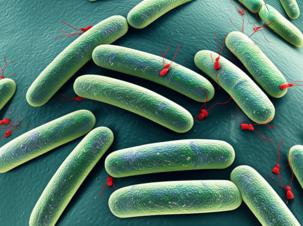 Photorealistic image of a microscopic view of Pseudomonas aeruginosa bacteria with bacteriophages, high detail, macro lens, 105mm