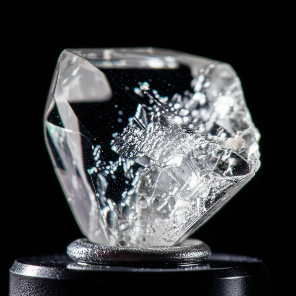 Photorealistic image of a single PbWO4 crystal, macro lens, 100mm, high detail, precise focusing, controlled lighting.