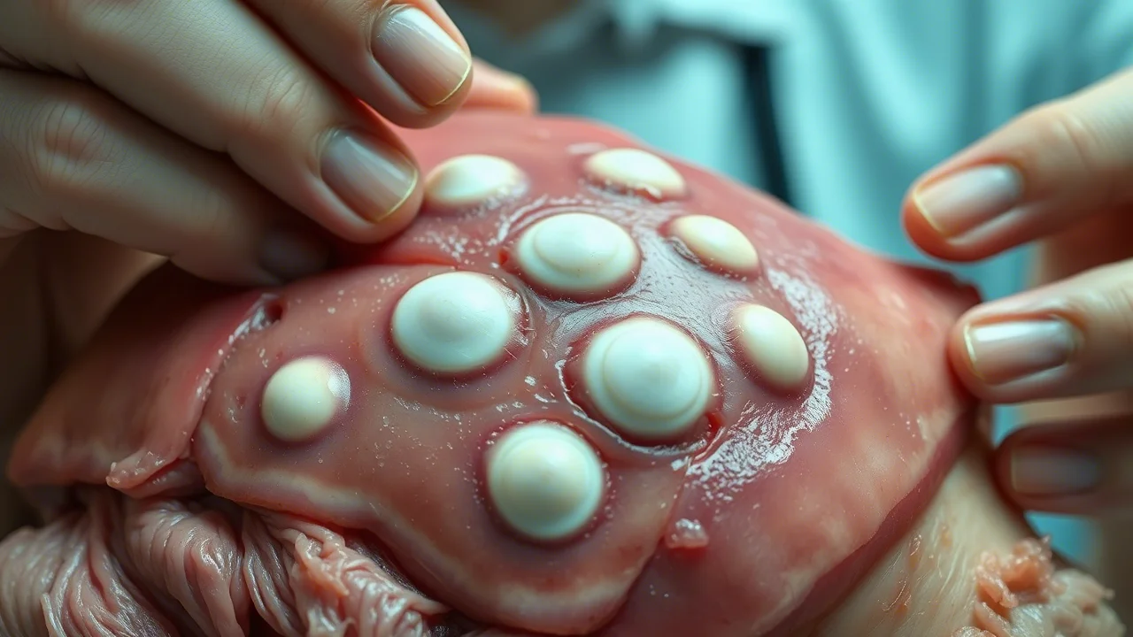 Primo piano di un veterinario egiziano che esamina un fegato di pollo con lesioni tumorali nodulari multiple, indicative della Malattia di Marek, durante un esame post-mortem. Illuminazione clinica focalizzata, obiettivo macro 60mm, alta definizione dei dettagli patologici sulle lesioni biancastre e ingrossate.