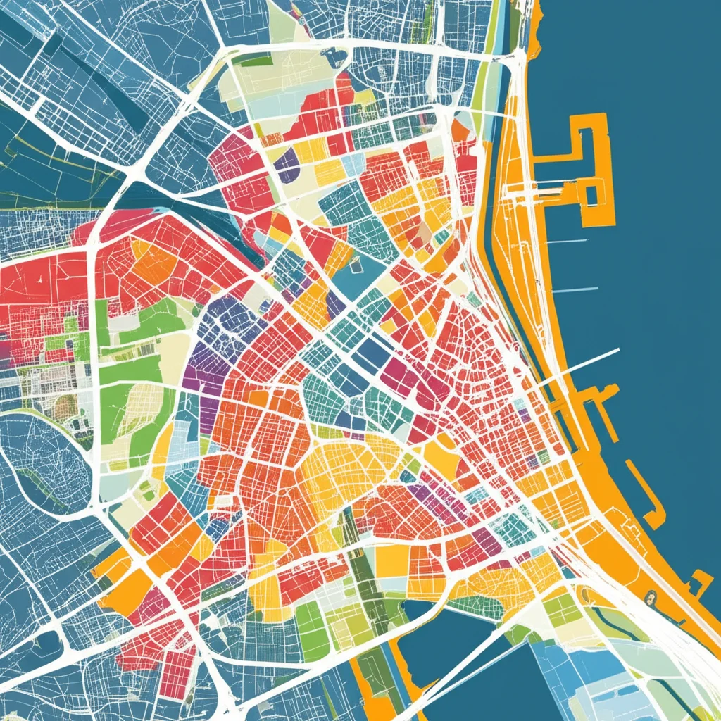 Primo piano di una mappa digitale interattiva che mostra la segmentazione del mercato immobiliare di una grande città europea, con zone colorate che evidenziano i sottomercati. Effetto profondità di campo, lente prime 35mm, colori vivaci ma realistici.