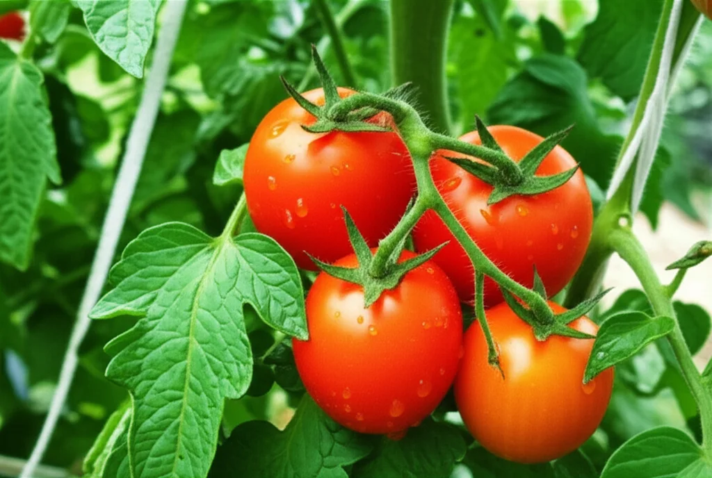 Primo piano fotorealistico di foglie di pomodoro verdi e vibranti con gocce d'acqua, accanto a pomodori sani e rossi in fase di maturazione sulla pianta. Luce solare che filtra tra le foglie. Obiettivo macro, 85mm, alta definizione, messa a fuoco precisa, a simboleggiare la salute della pianta promossa dal biocontrollo con Trichoderma asperellum.