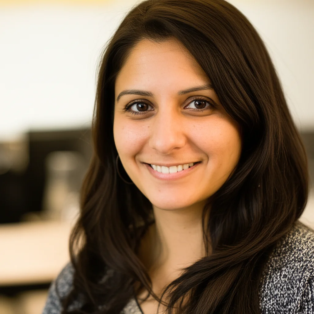 Ritratto fotografico di una studentessa adulta ispanica che sorride timidamente ma con speranza negli occhi, ambientato in un centro educativo, obiettivo 35mm, luce morbida, profondità di campo, toni caldi.