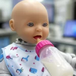 Un BabyBot, robot neonato con cavità orale sensorizzata e lingua morbida, mentre viene alimentato con un biberon. Scena illuminata con cura, obiettivo da ritratto 35mm, con profondità di campo per mettere a fuoco il robot e sfocare leggermente lo sfondo di un laboratorio pulito e moderno.