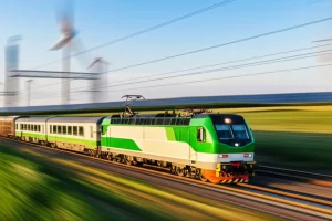 Un treno merci CR Express moderno, dai colori verdi e bianchi, che sfreccia attraverso un paesaggio lussureggiante e sostenibile, con turbine eoliche e pannelli solari in lontananza, simboleggiando l'armonia tra infrastrutture e ambiente. Fotografia con teleobiettivo zoom, 200mm, per comprimere la prospettiva e dare un senso di dinamismo, fast shutter speed per congelare il movimento del treno, luce dorata del tramonto, alta definizione.