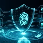 Un'immagine concettuale che rappresenta la protezione dei dati personali durante un processo di classificazione. Si vede uno scudo digitale stilizzato che protegge informazioni sensibili (rappresentate da icone come impronte digitali, volti, simboli di genere/religione) mentre altre informazioni utili (icone di grafici, ingranaggi, lampadine) vengono estratte e analizzate. Prime lens, 35mm, depth of field, duotone blu scuro e ciano, illuminazione high-tech.