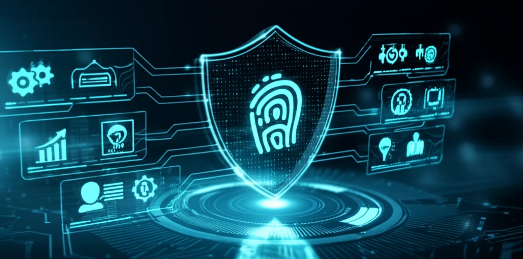 Un'immagine concettuale che rappresenta la protezione dei dati personali durante un processo di classificazione. Si vede uno scudo digitale stilizzato che protegge informazioni sensibili (rappresentate da icone come impronte digitali, volti, simboli di genere/religione) mentre altre informazioni utili (icone di grafici, ingranaggi, lampadine) vengono estratte e analizzate. Prime lens, 35mm, depth of field, duotone blu scuro e ciano, illuminazione high-tech.