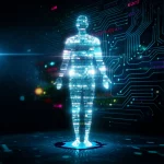 Visualizzazione astratta e high-tech dell'integrazione di dati multi-omici (genomica, metabolomica, lipoproteomica) rappresentati come flussi luminosi di dati che convergono in un profilo di salute umano stilizzato. Sfondo scuro con elementi di circuiti digitali. Prime lens 35mm, depth of field, illuminazione controllata, high detail.