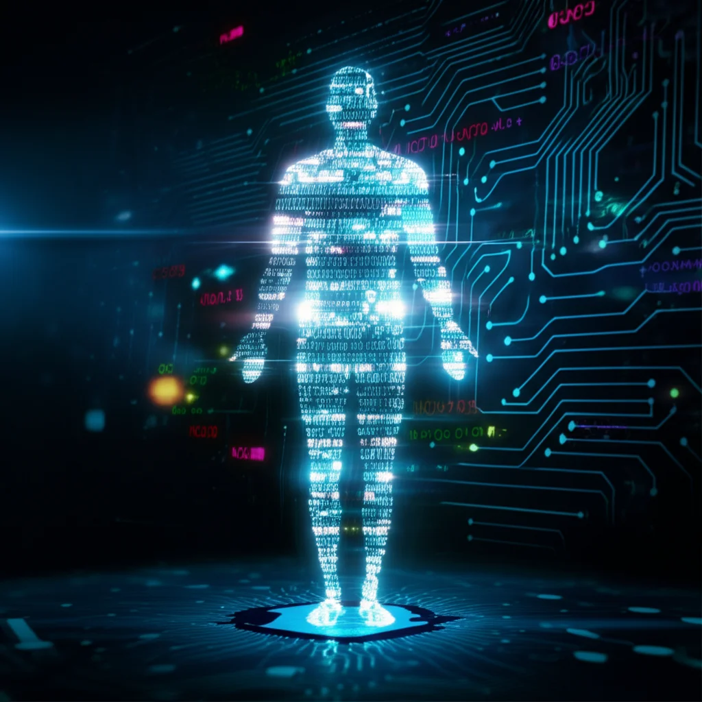 Visualizzazione astratta e high-tech dell'integrazione di dati multi-omici (genomica, metabolomica, lipoproteomica) rappresentati come flussi luminosi di dati che convergono in un profilo di salute umano stilizzato. Sfondo scuro con elementi di circuiti digitali. Prime lens 35mm, depth of field, illuminazione controllata, high detail.