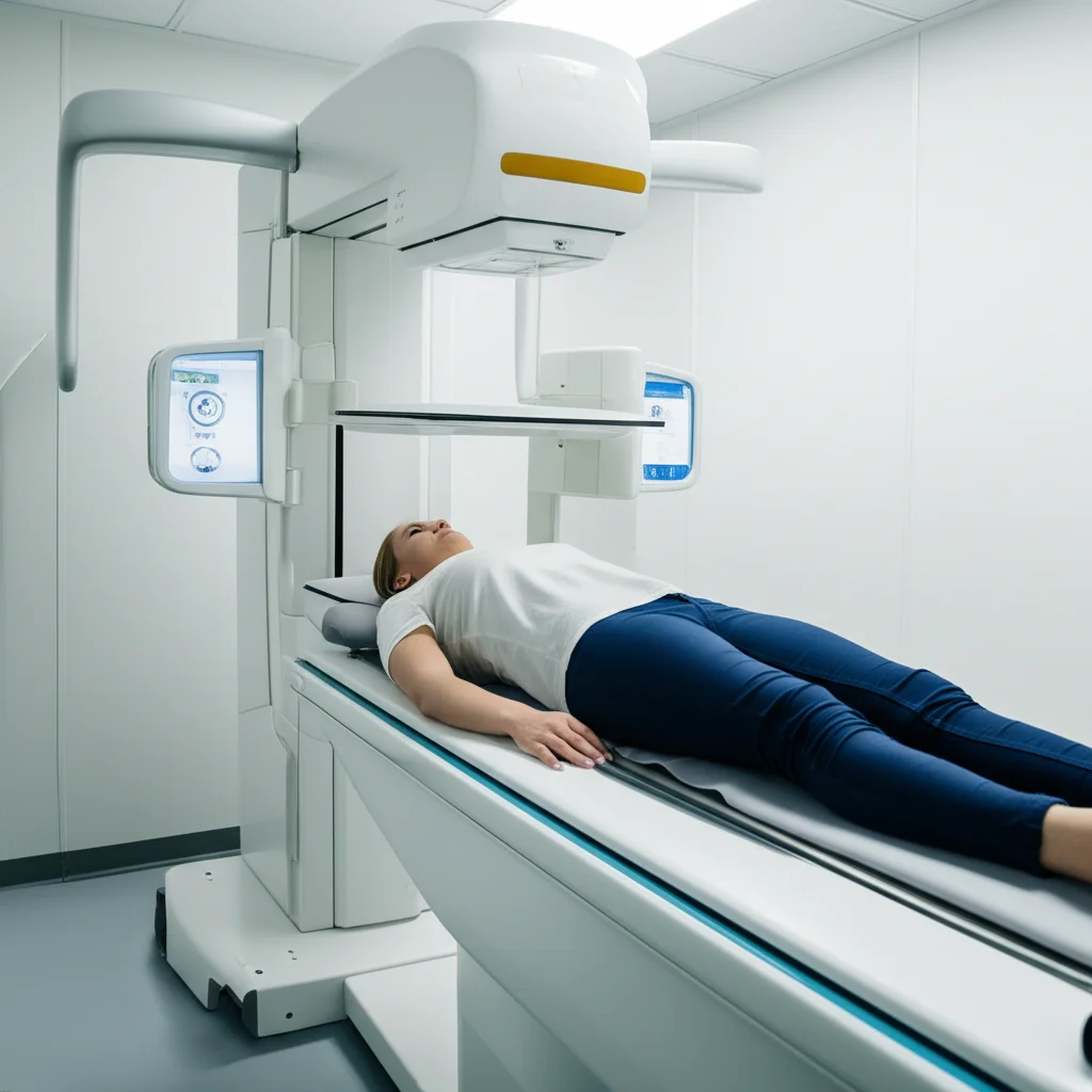 A photorealistic image of a modern DXA machine scanning a person, wide angle 24mm, high detail, precise focusing, controlled lighting, representing advanced health assessment technology.