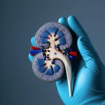 Fotografia concettuale: una mano guantata da medico protegge delicatamente un modello anatomico di rene da piccole sfere scure (simbolo del cisplatino), con una luce calda che illumina il rene. Obiettivo prime 35mm, profondità di campo ridotta per focalizzare sul rene, tonalità duotone blu e grigio per un'atmosfera clinica ma speranzosa.