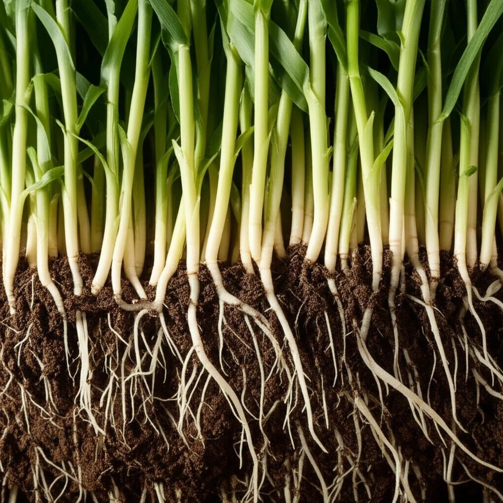 Fotografia macro di radici di una giovane pianta di mais che emergono da un terreno fertile e scuro, 85mm Macro lens, illuminazione laterale soffusa per creare profondità e dettaglio, focus preciso sulle punte delle radici e sui peli radicali, con goccioline d'acqua visibili.