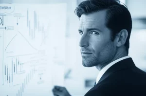 Fotografia ritratto con obiettivo da 35mm, profondità di campo, bicromia blu e grigio, che mostra un imprenditore determinato mentre osserva pensieroso un diagramma complesso che rappresenta le dinamiche di mercato e i percorsi di innovazione per una PMI.