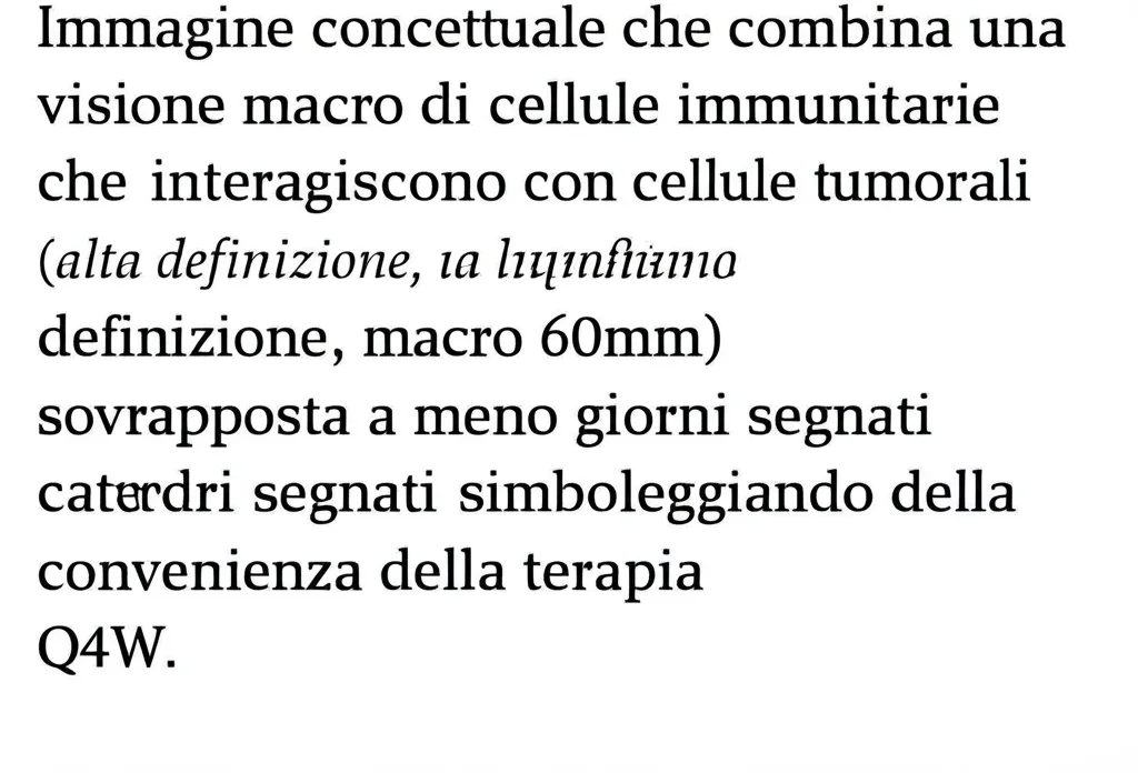 Immagine concettuale che combina una visione macro di cellule immunitarie che interagiscono con cellule tumorali (alta definizione, obiettivo macro 60mm) sovrapposta a un calendario con meno giorni segnati, simboleggiando la convenienza della terapia Q4W. Illuminazione controllata per evidenziare l'interazione cellulare.