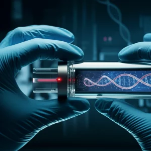 Immagine concettuale di un sequenziatore Nanopore MinION tenuto in mano da uno scienziato in un laboratorio moderno, con filamenti di DNA stilizzati che entrano nel dispositivo. Sfondo high-tech leggermente sfocato per mettere in risalto il dispositivo. Prime lens, 35mm, depth of field, colori vibranti ma realistici, illuminazione da studio.