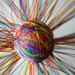 Immagine concettuale di una rete complessa di fili colorati che si interconnettono, rappresentante le dinamiche relazionali in una classe. Al centro, un nodo più grande simboleggia la relazione insegnante-studente. Macro lens, 100mm, alta definizione dei fili, illuminazione controllata per far risaltare i colori e la tridimensionalità della rete, sfondo neutro.