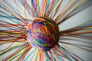 Immagine concettuale di una rete complessa di fili colorati che si interconnettono, rappresentante le dinamiche relazionali in una classe. Al centro, un nodo più grande simboleggia la relazione insegnante-studente. Macro lens, 100mm, alta definizione dei fili, illuminazione controllata per far risaltare i colori e la tridimensionalità della rete, sfondo neutro.