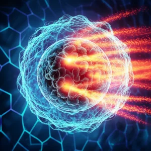 Immagine concettuale fotorealistica di una molecola stilizzata del nuovo composto di curcumina che forma uno scudo protettivo attorno a un fibroblasto umano, deviando particelle rosse incandescenti che rappresentano la tossicità dell'arsenato di sodio. Sfondo high-tech con pattern esagonali luminosi. Lente prime 35mm, profondità di campo, duotone giallo-arancio e blu freddo.
