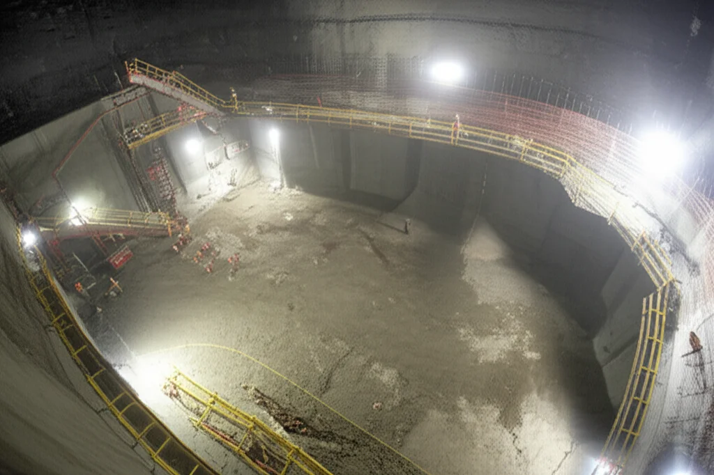 Immagine fotorealistica di un cantiere sotterraneo per una stazione metropolitana, vista grandangolare 18mm che cattura l'ampiezza dello scavo profondo, le complesse strutture di sostegno in acciaio e cemento, e operai con elmetti e giubbotti ad alta visibilità al lavoro sotto luci da cantiere. L'atmosfera è densa di polvere illuminata dai fari, trasmettendo la complessità e la scala del progetto. Messa a fuoco nitida su tutta la scena.