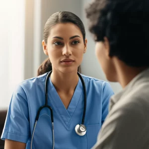 Photorealistic portrait of a compassionate nurse practitioner interacting with an elderly patient, 35mm portrait, depth of field, controlled lighting.