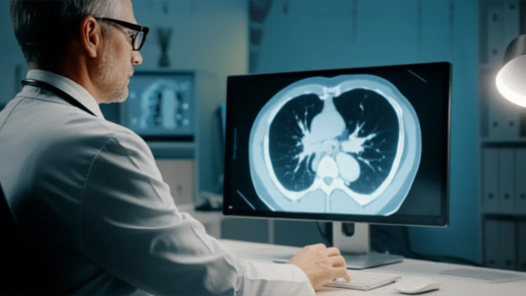 Primo piano di un medico oncologo che esamina attentamente una TAC polmonare su un monitor ad alta definizione in uno studio medico moderno e luminoso. Obiettivo prime da 35mm, profondità di campo per mettere a fuoco il medico e la TAC, toni blu e grigi per un'atmosfera professionale e seria.
