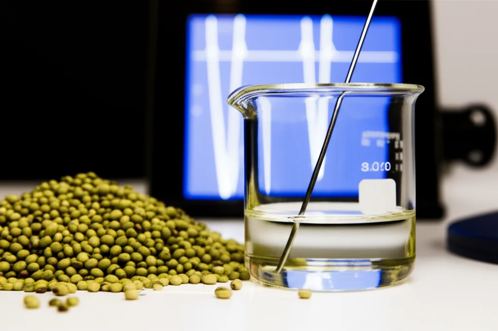 Still life fotorealistico: una manciata di fagioli matpe secchi (Vigna aconitifolia) posti accanto a un moderno strumento di voltammetria ciclica con un elettrodo immerso in una soluzione limpida in un piccolo becher. Sullo sfondo, un grafico di un voltammogramma è visibile su uno schermo. Lente macro 85mm, illuminazione da studio controllata che crea riflessi morbidi sulle superfici metalliche e vetrate, alta definizione, messa a fuoco precisa sui fagioli e sull'elettrodo.